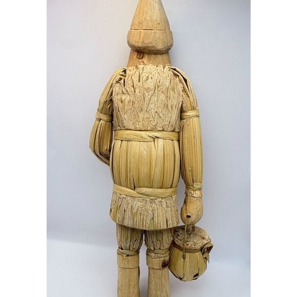 Vintage Folk Art Santa Figurine with Basket Handcrafted Wood and Straw Statue - Picture 2 of 12